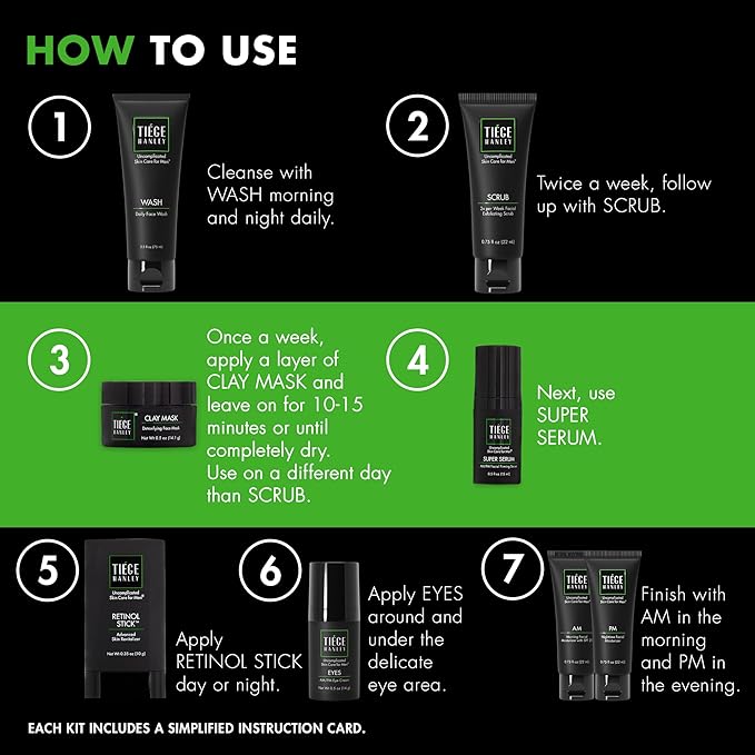 Tiege Hanley Skin Care Set for Men, Rejuvenation Routine, System Level 5, Face Wash, Scrub, Moisturizers, Eye Cream, Serum, Clay Mask, & Retinol Stick for Healthy Skin, Men’s Skin Care, 8 Piece Kit