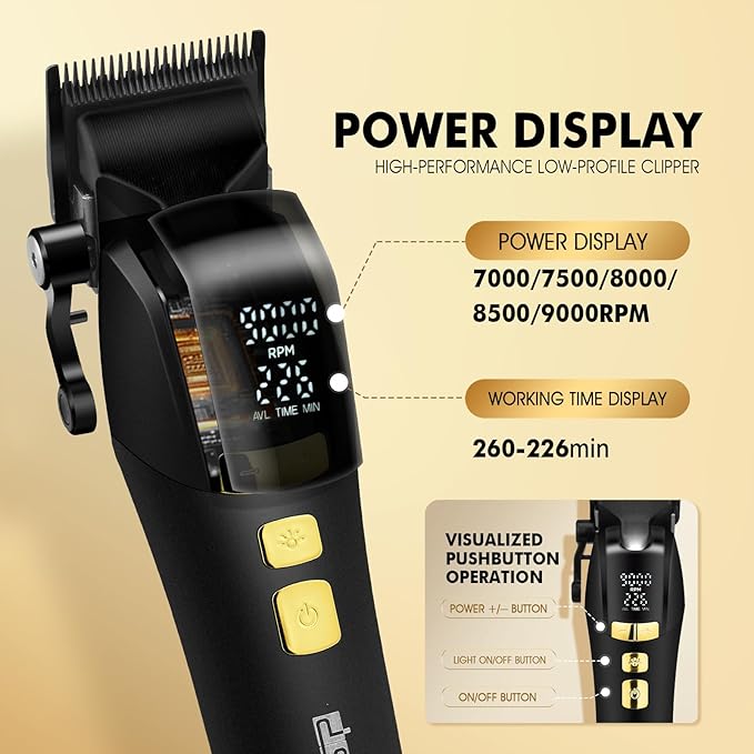 DSP Hair Clipper for Men Professional, Cordless DLC Coated Ceramic Blade, Five-Speed Adjustable 9000RPM, Hair Cutting Tool for Barbers, with Indicator Light Plug and Play, Black