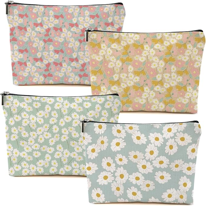 4 Packs Vintage Daisy Flowers Makeup Bag Floral Cosmetic Bag Friend Friendship Gifts for Women Girls Sister Coworker Botanical Travel Organizer Zipper Pouch Christmas Thanksgiving Birthday Gifts