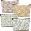 4 Packs Vintage Daisy Flowers Makeup Bag Floral Cosmetic Bag Friend Friendship Gifts for Women Girls Sister Coworker Botanical Travel Organizer Zipper Pouch Christmas Thanksgiving Birthday Gifts