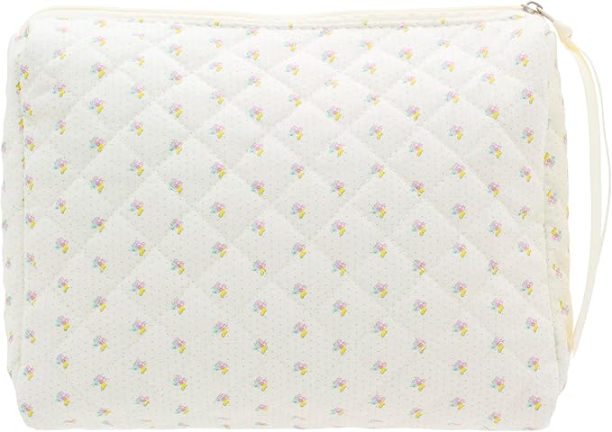 PAZIMIIK Quilted Makeup Bag Large Travel Zipper Soft Cosmetic Pouch for Women Girls Make Up,Little Flower White