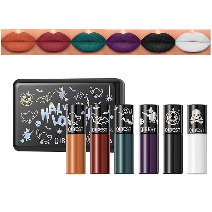 6pcs Matte Liquid Lipstick Makeup Set, Dark Black Green Purple Red Orange White Lip Gloss Kit With Case, Vivid Vampire Velvet Lip Stick for Halloween Cosplay Goth Costume Makeup