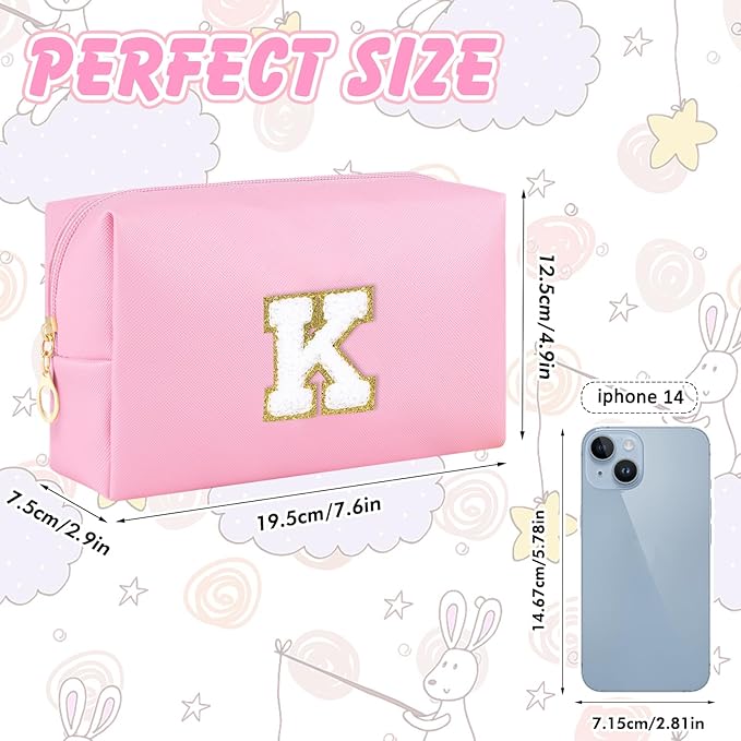 Initial Preppy Makeup Bag Travel Small Cosmetic Bag Cute Pink Personalized Preppy Makeup Pouch Zippered PU Toiletry Bag Christmas Birthday Gifts for Women Mom Teacher Friends(K)