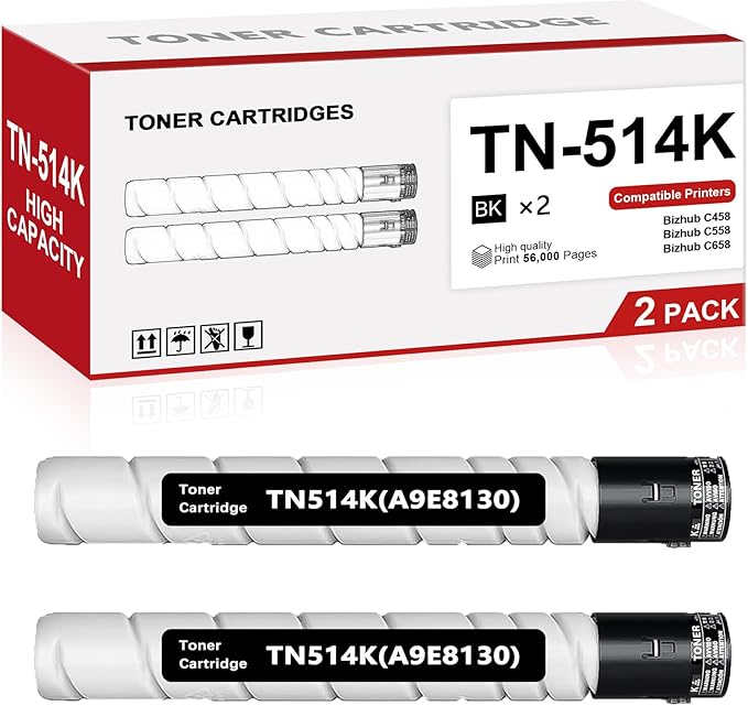 TN514 TN514K Black Toner Cartridges (2-Pack) Replacement for Konica Minolta TN-514 TN-514K A9E8130 Toner Cartridge for Bizhub C458 C558 C658 Printers