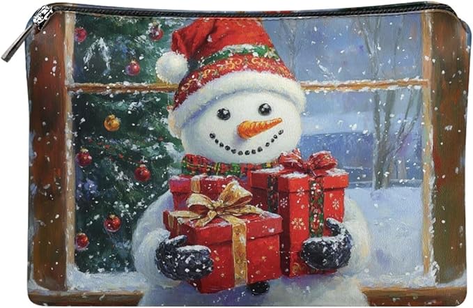 COEQINE Small Makeup Bag for Purse Mini Snowman Purses for Women Leather Cosmetic Travel Bags with Zipper Large Capacity Waterproof Portable Pouch Toiletry Make up Holiday Handbags