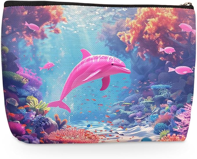 Pink Dolphin Makeup Bag, Large Capacity Travel Makeup Case Cosmetic Bags for Women, Portable Pouch Purse Travel Essentials Toiletries Accessories, Christmas Birthday Gifts for Women