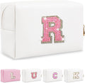 Personalized Initial Letter Makeup Bag, Small Glitter Letter Patch Cosmetic Pouch Zipper, Preppy Makeup Organizer PU Waterproof Travel Toiletry Bag, Monogrammed Birthday Gift for Women Girls