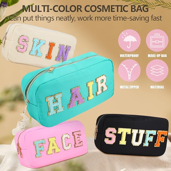 4PCS Nylon Zipper Waterproof Preppy Makeup Organizer Bag Set - Cosmetic Stuff Pouch for Women Travel Toiletry Organization Outdoor with Chenille Letter Patches