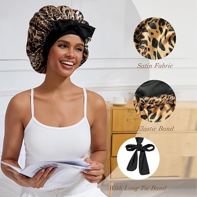 Satin Hair Bonnet for Sleeping Women, Double Layer Silk Bonnets for Women with Tie Band, for Braids Curly Long Hair