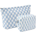2 Pieces Makeup Bag Set, Small Blue Checkered Cosmetic Bag Travel Toiletry Organizer Mini Cosmetic Pouch Case Makeup Brushes Cute Quilted Aesthetic Accessories Storage Bag for Women