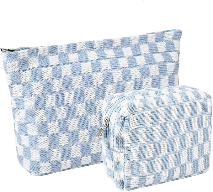 2 Pieces Makeup Bag Set, Small Blue Checkered Cosmetic Bag Travel Toiletry Organizer Mini Cosmetic Pouch Case Makeup Brushes Cute Quilted Aesthetic Accessories Storage Bag for Women