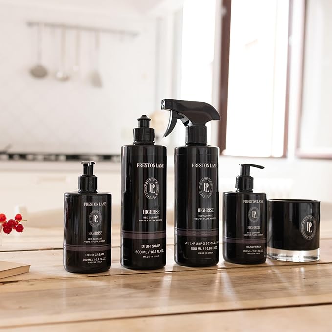 Preston Lane Signature Home Set – All Purpose Cleaner, Dish Soap, Hand Wash, Hand Cream & Scented Candle | Plant-Powered Cleaning & Care Essentials with Fine Italian Fragrance, Highrise