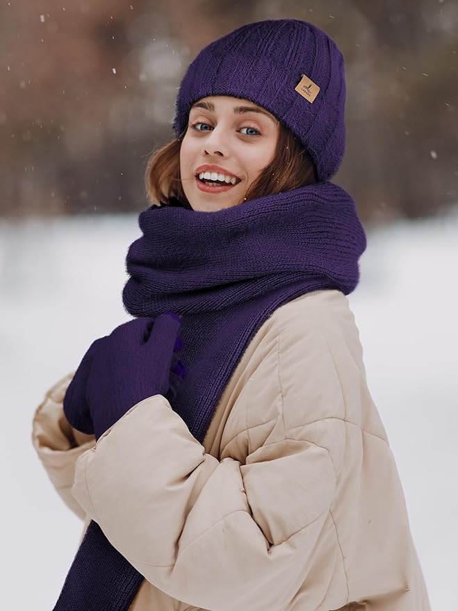 Winter Beanie Hat Scarf Gloves, Warm Fleece Knit Hat Long Scarf Neck Warmer Touch Screen Winter Gloves Set Gifts for Women