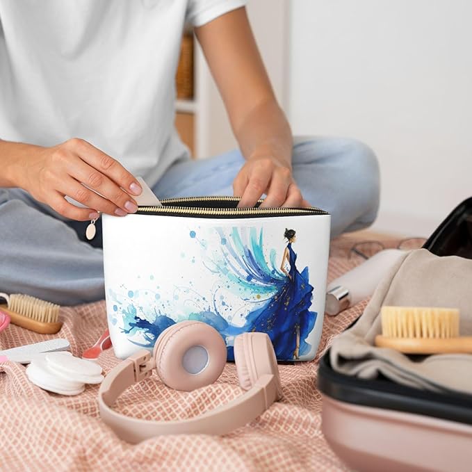 Womens Leather Makeup Bag Cosmetic Bag Travel Toiletry Bags Make Up Bags for Women Adult (Elegant Blue Lady)