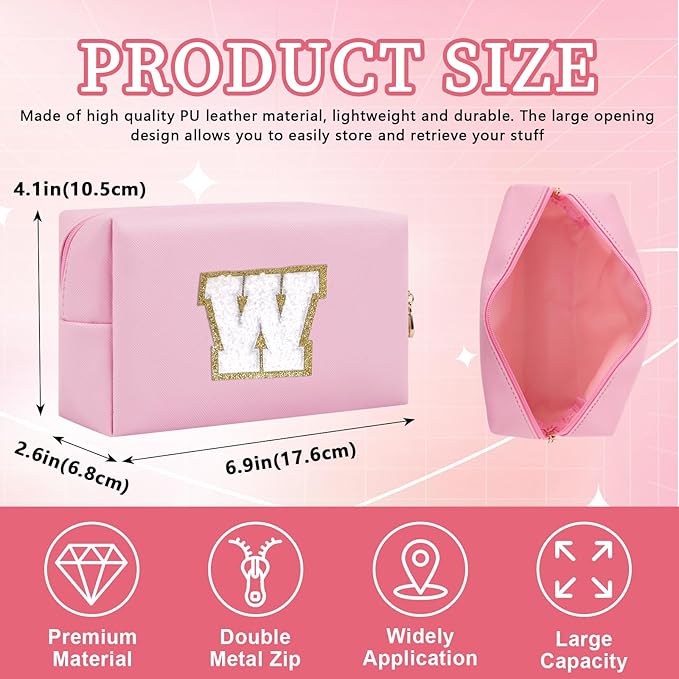 Personalized Initial Letter Patch Makeup Bag, Preppy Portable Chenille Cosmetic Bag with Zipper, PU Leather Waterproof Travel Toiletry Bag Monogram Make Up Pouch for Women Girls