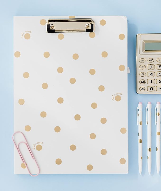 Kate Spade New York A4 Clipboard Folio with Low Profile Clip, Professional Padfolio Includes Lined Notepad, Pen Loop, and Pocket, Gold Dot with Script
