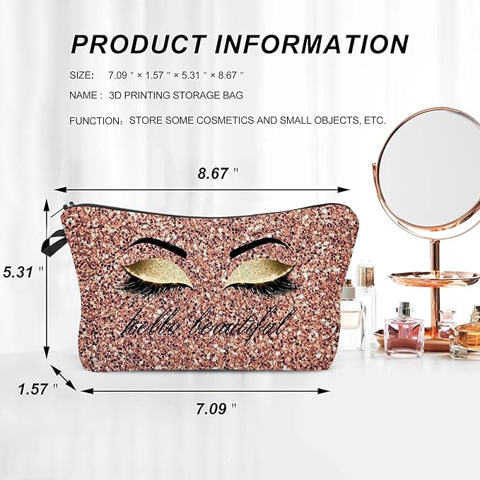 Hello Beautiful Makeup Bag for Purse Eyelash Pink Cosmetic Bags for Women Inspirational Gift Small Funny Cosmetics Glitters Eyeshadows Travel Bag Cases for Toiletries Accessories Organizer