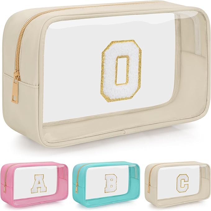 Personalized Initial Clear Makeup Bag, Travel Chenille Patch Cosmetic Bag, Preppy Toiletry Bag Monogram Cosmetic Pouch with Zipper, Ideal Gift for Teen Girls Women (Clear-Beige, O)