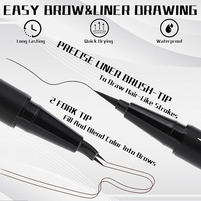Curved 2 Tip Eyebrow Pen-Light Brown Eyebrow Pencil With Black Eyeliner 2-in-1 Dual-Ended Create Natural Hair-Like Brows,Waterproof,Smudge Proof,Long Lasting All-Day