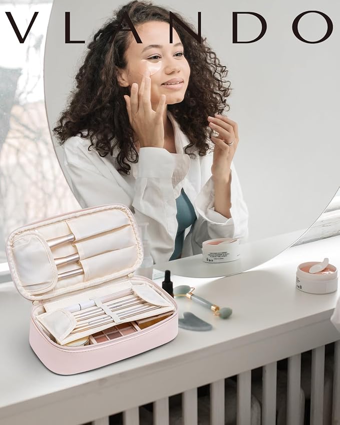 Vlando Makeup Travel Bag,Small Makeup Pouch for Small Items Travel Essentials Mini Toiletries-Apricot White
