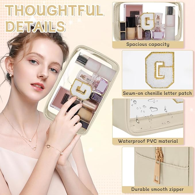 Personalized Initial Clear Makeup Bag, Travel Chenille Patch Cosmetic Bag, Preppy Toiletry Bag Monogram Cosmetic Pouch with Zipper, Ideal Gift for Teen Girls Women (Clear-Beige, G)