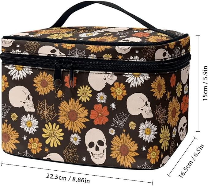 Gothic Skull Daisy Floral Pattern Travel Makeup Bag for Women Large Capacity Cosmetic Bags with Zipper and Handle Make Up Tote Bags Organizer Portable Toiletry Bags