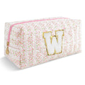 Personalized Quilted Cosmetic Bag, Puffy Monogrammed Christmas Birthday Gifts for Women & Girls, Cute initial Floral Makeup Bag Puffer Coquette Bag, Aesthetic Travel Toiletry Zipper Pouch(Pink,W)