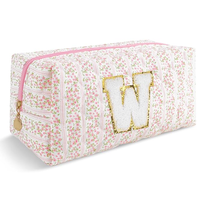 Personalized Quilted Cosmetic Bag, Puffy Monogrammed Christmas Birthday Gifts for Women & Girls, Cute initial Floral Makeup Bag Puffer Coquette Bag, Aesthetic Travel Toiletry Zipper Pouch(Pink,W)