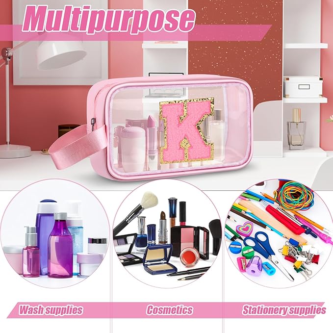 Initial Makeup Bag,Letter K Cute Clear Monogrammed Cosmetic Travel Bag for Womens Girls,Personalized Pink Aesthetic Traveling Make Up Organizer Bag for Beach,Waterproof Toiletry Bag