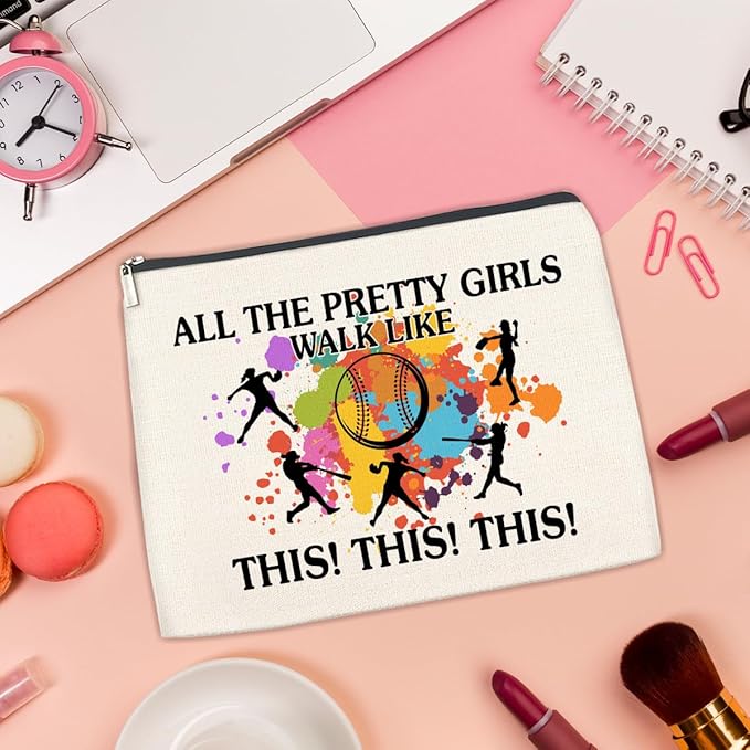 Softball Gifts Makeup Bag, Cool Gifts for Women Her Girl Christmas Friendship Gift for Softball Lovers Team Players BFF Besties Cosmetic Travel Bag Pouch for Purse