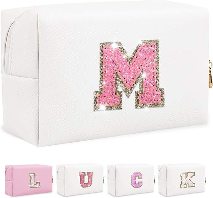 Initial Patch Makeup Bag, Small Preppy A-Z Glitter Cosmetic Bag, PU Leather Waterproof Travel Toiletry Bag, Cute Make Up Pouch Personalized Monogrammed Gift for Women Teen Girls (Letter M)