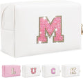 Initial Patch Makeup Bag, Small Preppy A-Z Glitter Cosmetic Bag, PU Leather Waterproof Travel Toiletry Bag, Cute Make Up Pouch Personalized Monogrammed Gift for Women Teen Girls (Letter M)