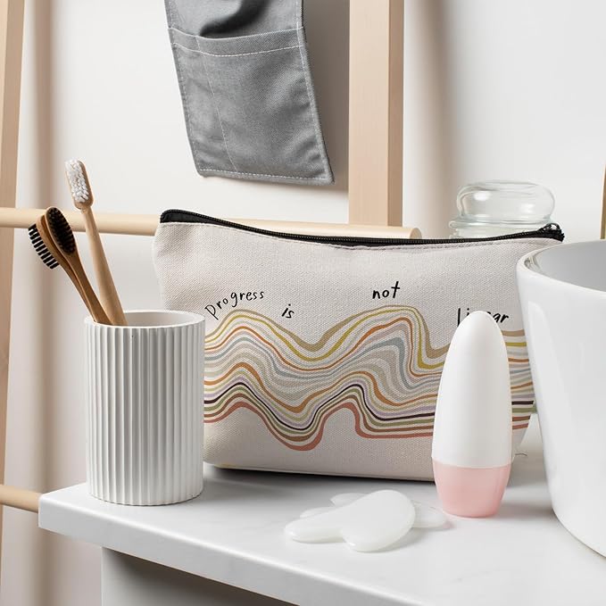 Progress is Not Linear Mental Health Makeup Bag for Purse, Inspirational Motivational Cosmetic Bag Travel Toiletry Bag for Therapist Counselor, Therapy Gifts Zipper Makeup Pouch