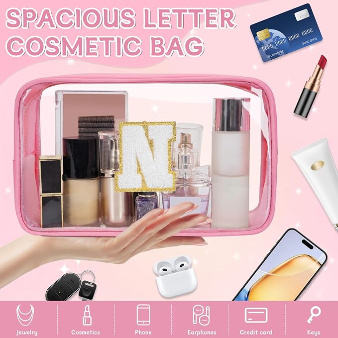 Personalized Initial Clear Makeup Bag, Travel Chenille Patch Cosmetic Bag, Preppy Toiletry Bag Monogram Cosmetic Pouch with Zipper, Ideal Gift for Teen Girls Women (Clear-Pink, N)