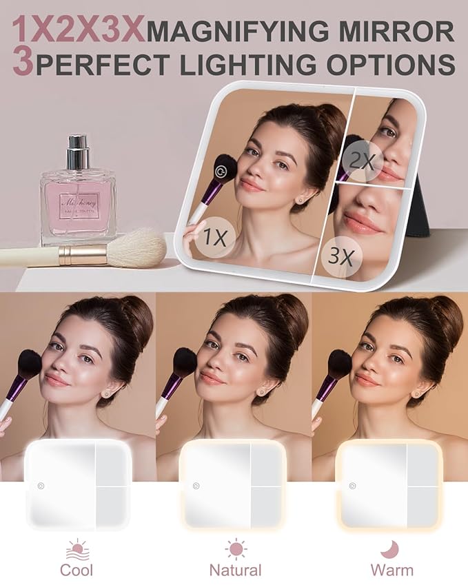 Makeup Bag with LED Mirror, Makeup Organizer Train Case with 1X,2X,3X Vanity Mirror, Adjustable Brightness in 3 Color Settings, Portable Make up Bag with Brush Holder & Storage Dividers, White