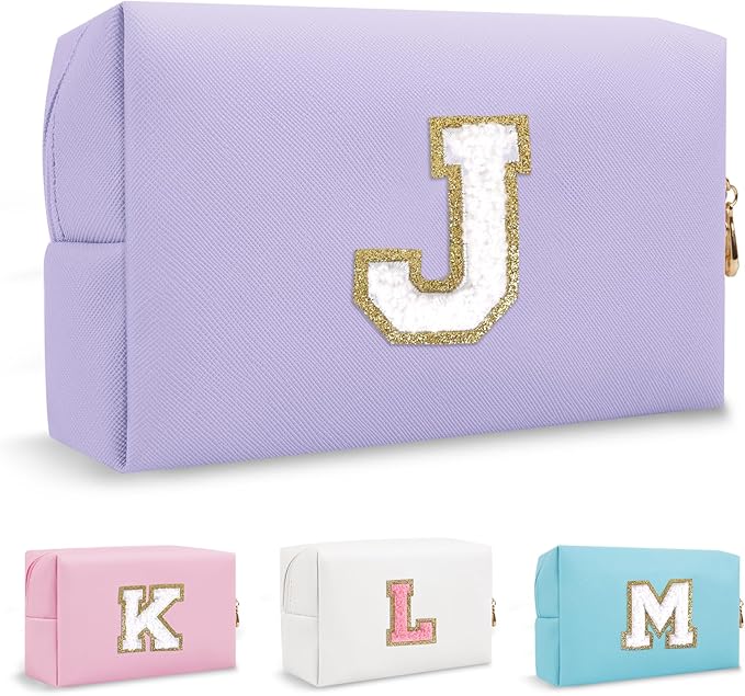 Personalized Preppy Small Travel Makeup Bag, Initial Purple Cute Chenille Letter Makeup Bag Cosmetic Zipper Pouch Toiletry Organizer,Waterproof PU Makeup Case Storage Preppy Stuff for Female(Letter J)
