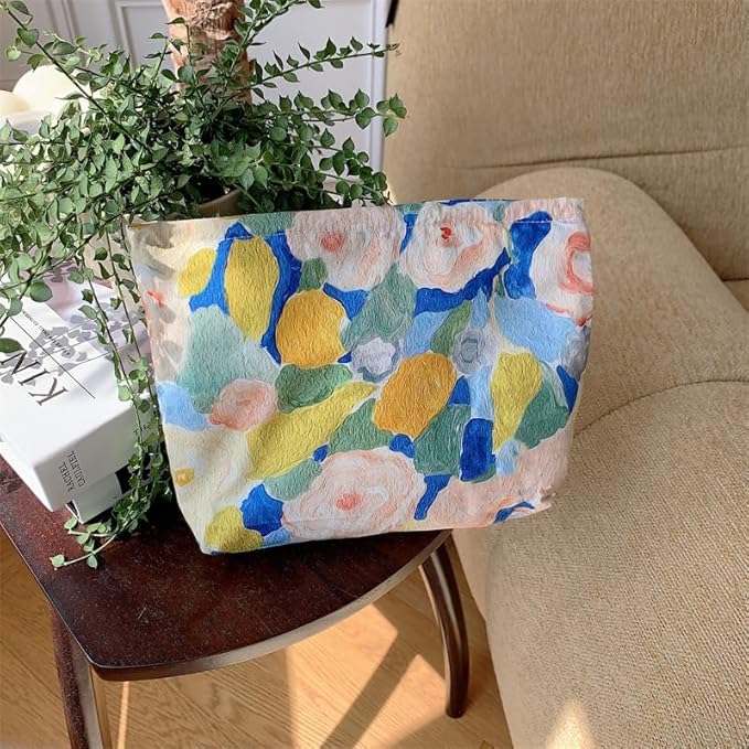 PAZIMIIK Floral Makeup Bag Large Cotton Zipper Pouch for Purse Travel Canvas Make Up Organizer for Women Cosmetic,Garden Blue