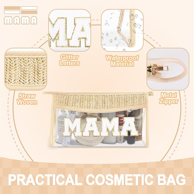 Small Boho Straw Clear Mama Makeup Bags for Women&Girls, Zipper Cosmetic Bag Chenille Varsity Letter Patch Bag, Preppy Cute Toiletry Pouch, Trendy Organizer Storage Bag for Beach Travel Essentials