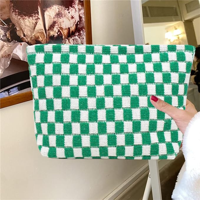2 Pieces Makeup Bag Set, Small Checkered Cosmetic Bag Travel Toiletry Organizer Mini Green Cosmetic Pouch Case Makeup Brushes Quilted Aesthetic Accessories Storage Bag for Women (Large+Mini Green)