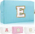 Personalized Initial Letter Patch Makeup Bag, Preppy Portable Chenille Letter Cosmetic Bag with Zipper, PU Leather Waterproof Travel Toiletry Bag Monogram Make Up Pouch for Women Girls