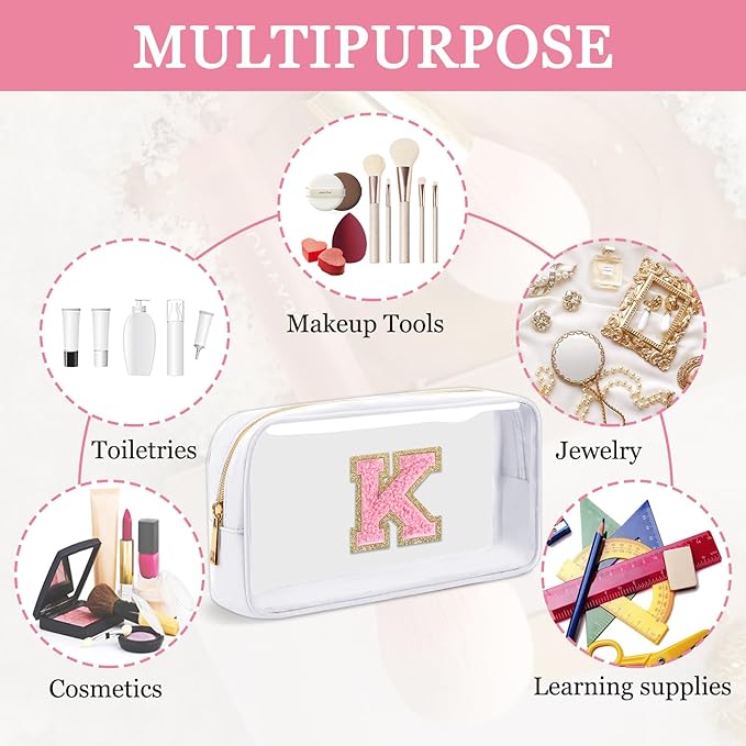 Small Clear Personalized Initial Makeup Bag,Nylon Preppy A-Z Chenille Letter Patch Cosmetic Pouch Beach Toiletry Bag,Waterproof Zipper Travel Purse Storage Bag Organizer for Women Girls(White-Pink K)