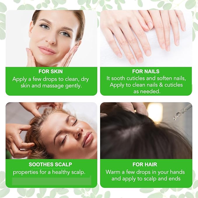 2Pack Moringa Oil 2.02 fl.oz, Pure Natural Organic Cold-Pressed Glass Bottle Moringa Oil for Hair Growth, Moringa Seed Oil for Face, Skin & Body Care, Anti-Aging, Nourish Hair, Scalp & Body Massage