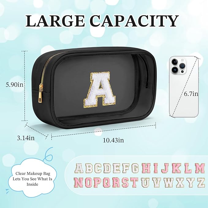 YOOLIFE Initial Travel Makeup Bag Pouch, Clear Toiletry Bag for Women Travel Accessories Cosmetic Bag Skin Care for Teen Make Up Bags Birthday Gifts for Women Unique Teacher Mom Friends Gifts Black N