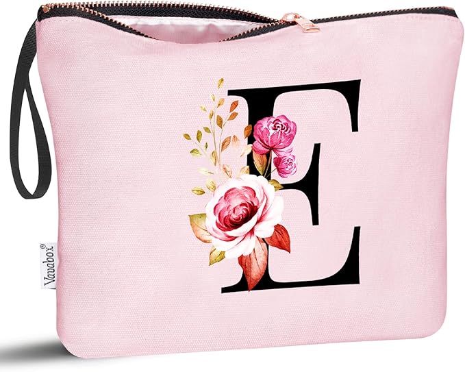 Vavabox A-Z Personalized Makeup Bag, Birthday Gifts for Women Mom, Gifts for Best Friend, Bride Bridesmaid Cosmetic bag (E, Pink)