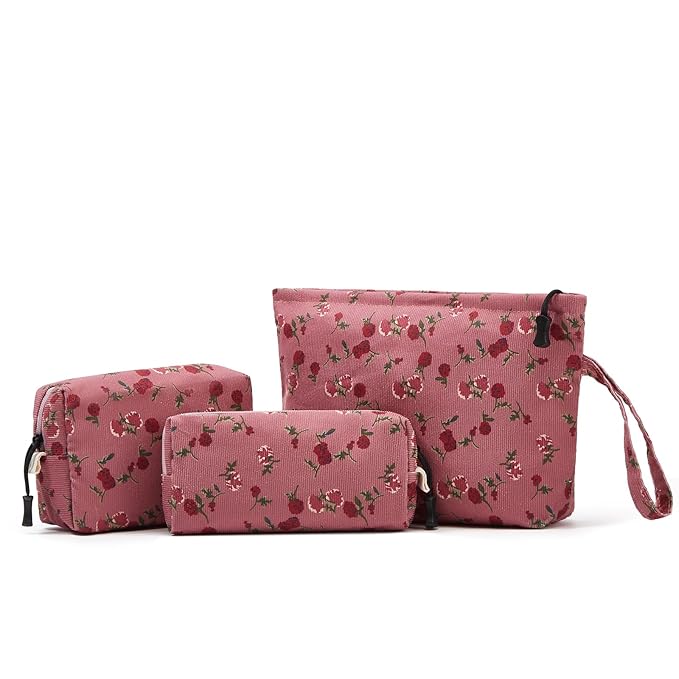 Makeup bag set small Cosmetic bag for women purse Corduroy Organizer with interior Pockets,cute Pencil zipper Pouch travel Toiletry Bag with handle(Rose Red)
