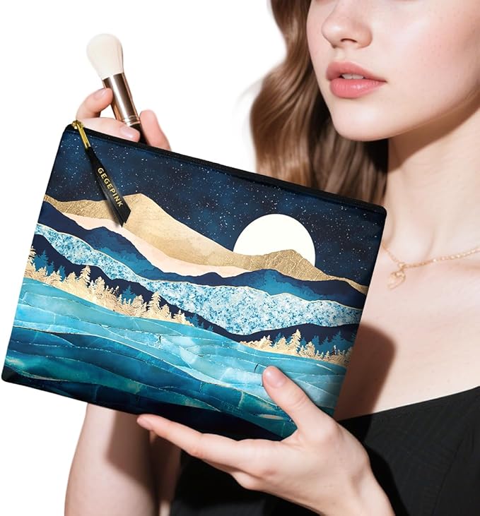 Cute Makeup Bag for Purse Waterproof Cosmetic Bags for Women Funny Smooth Zipper Travel Toiletry Pouch 10X8 Inches-Blue Mountain Moon Lake Makeup pouch