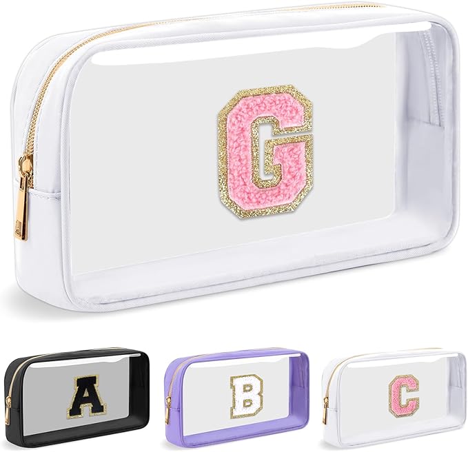 Personalized Initial Letter Clear Preppy Cosmetic Bag, Travel Toiletry Bag, Clear Nylon & PVC, Adult Female Women's Cosmetic Case