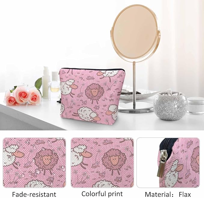 Makeup Bag For Purse Sheep, Farm Animal Weed Flower Sheep Cosmetic Bags For Women With Zipper Travel Toiletry Pouch Makeup Bags Makeup Organizers Purse For Toiletries Cosmetics