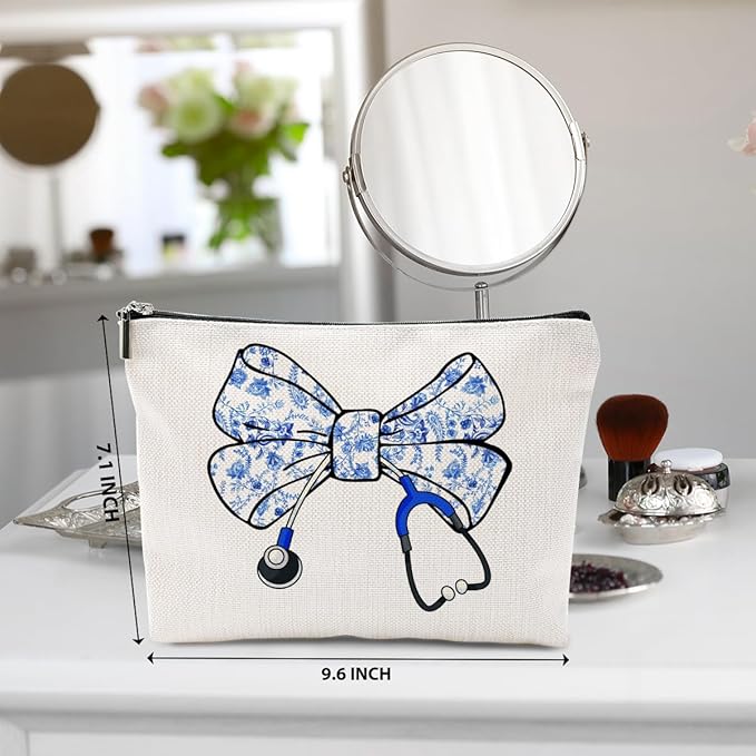 Nurse Gifts, Blue Bow Makeup Bag, Nurse Accessories Funny Horse Cosmetic Bag, Doctor Gift Nursing Travel Organizer Zipper Pouch Thank You Nurses Week Gifts for Women Coworker Physician Assistant