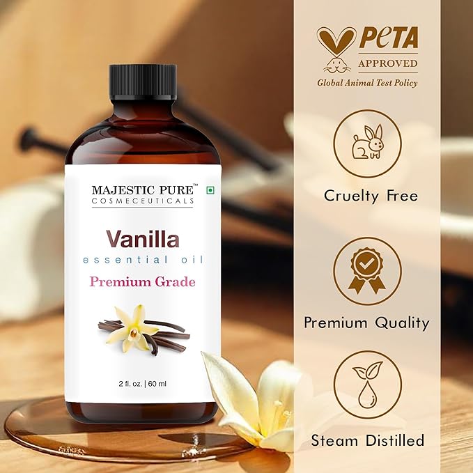 Majestic Pure Vanilla Essential Oil with Glass Dropper - 2 Fl Oz - 100% Pure and Natural Vanilla Oil - Premium Grade Essential Oils for Diffuser, Aromatherapy, Soap and Candle Making